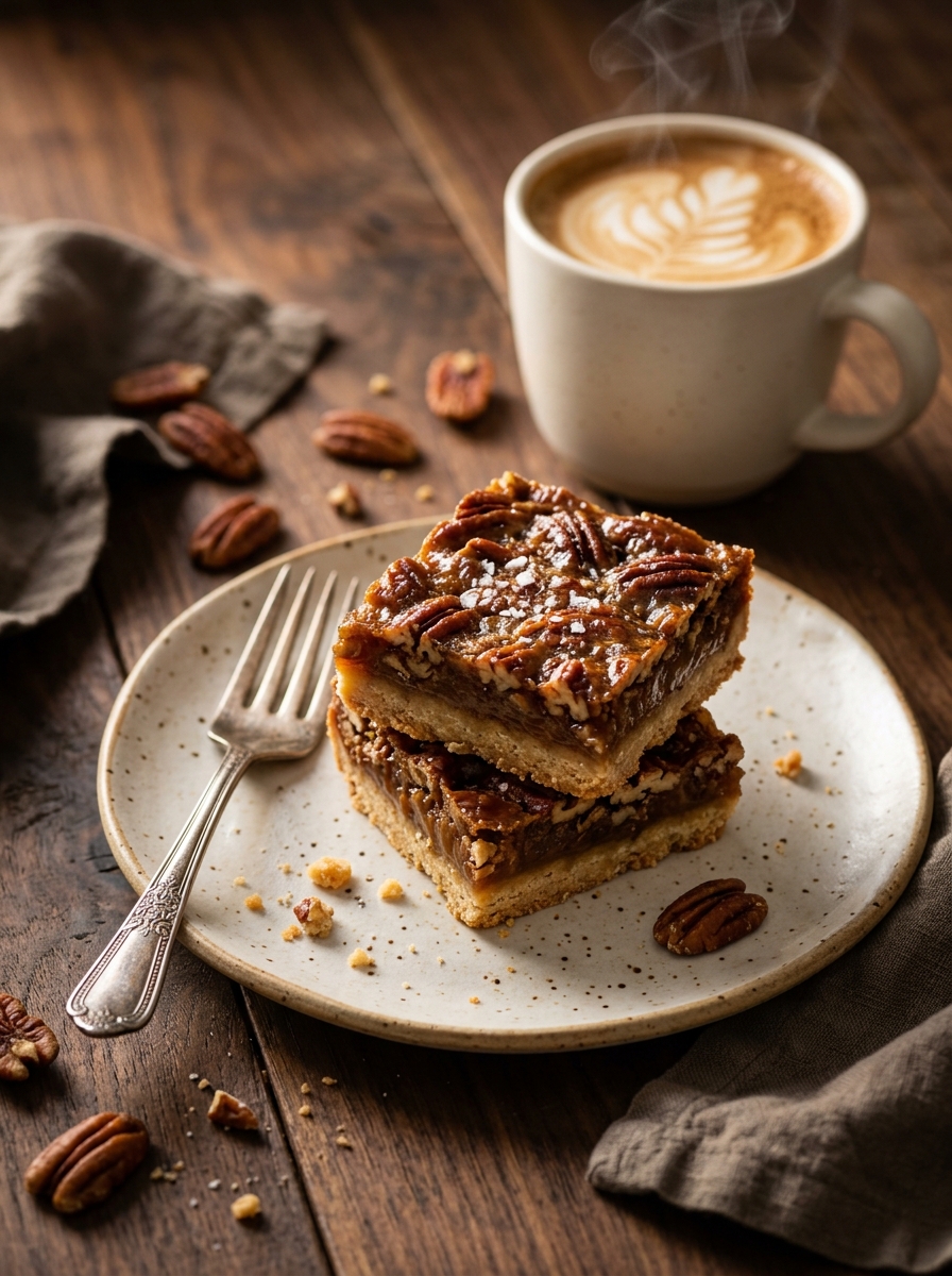 Finished presentation of sliced salted caramel pecan pie bars stacked on ceramic dessert plate with hot dark roast coffee