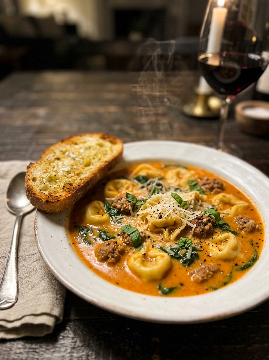 Warm bowl of creamy sausage tortellini soup with toasted garlic bread and a glass of red wine on a rustic dining table
