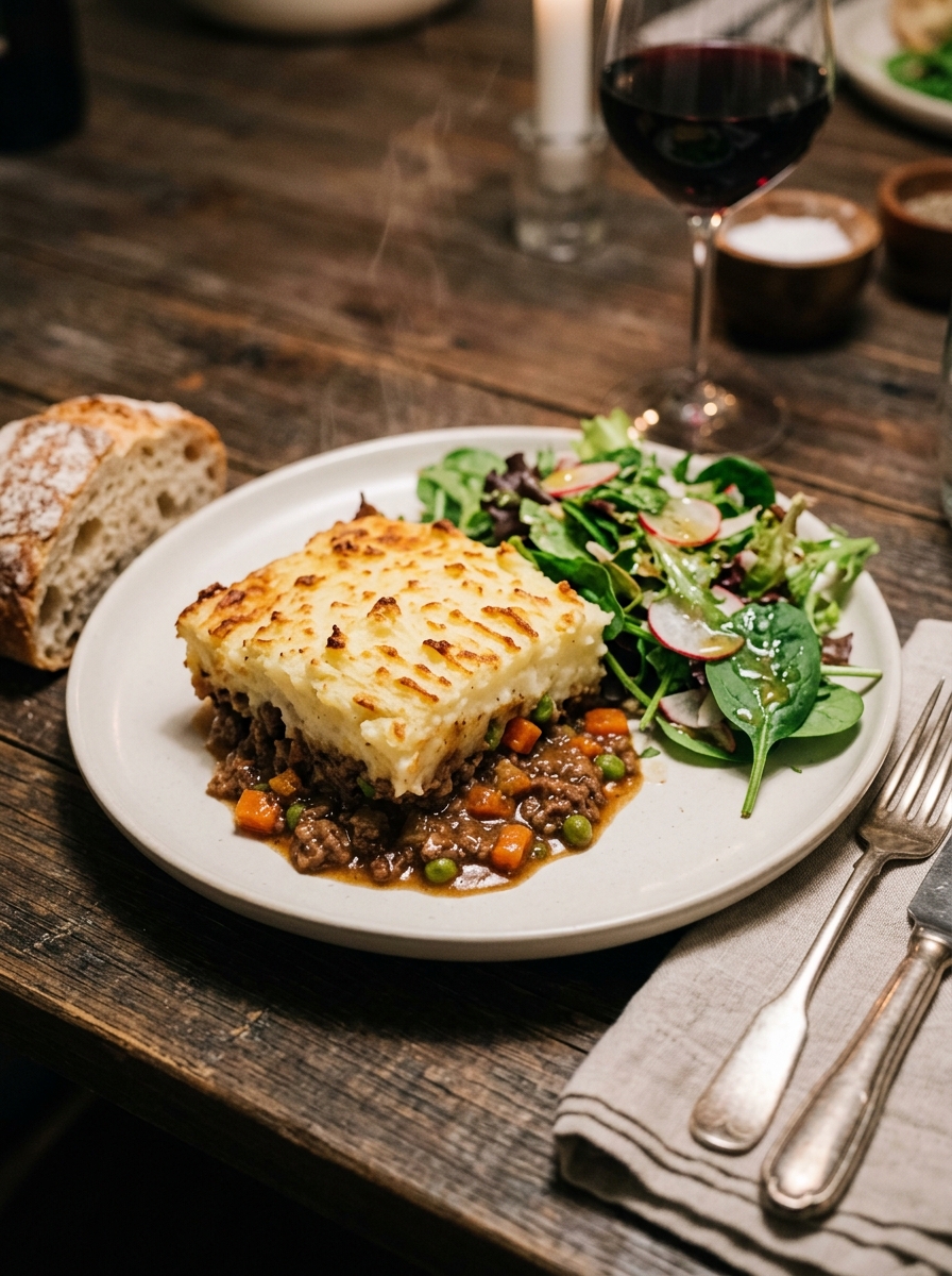 Hearty slice of classic shepherd's pie showing distinct savory beef and mashed potato layers served on dinner plate with side salad
