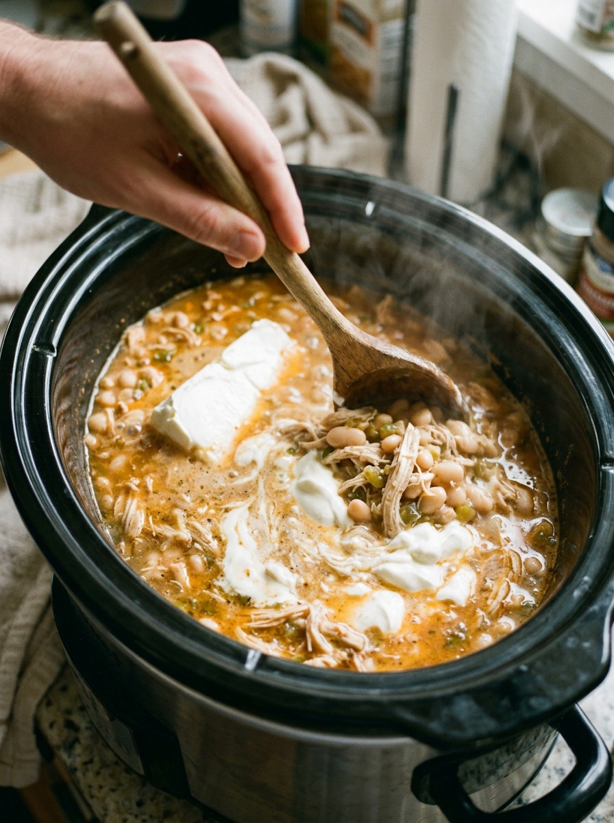 Finished culinary presentation of Creamy Crockpot White Chicken Chili in a rustic ceramic bowl with tortilla chips