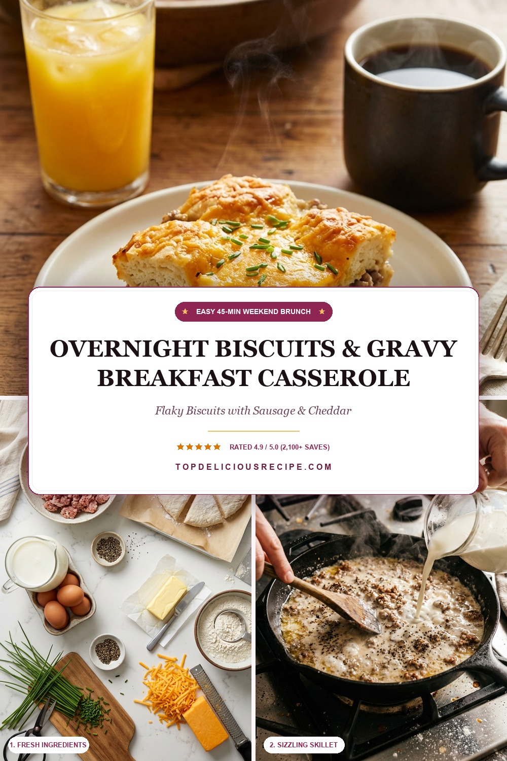 Overnight Biscuits and Gravy Breakfast Casserole with Savory Sausage and Cheese Pin Template