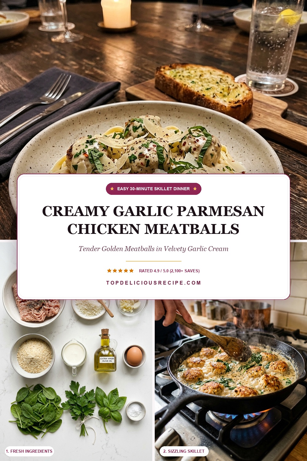 Creamy Garlic Parmesan Chicken Meatballs Skillet Pin Template