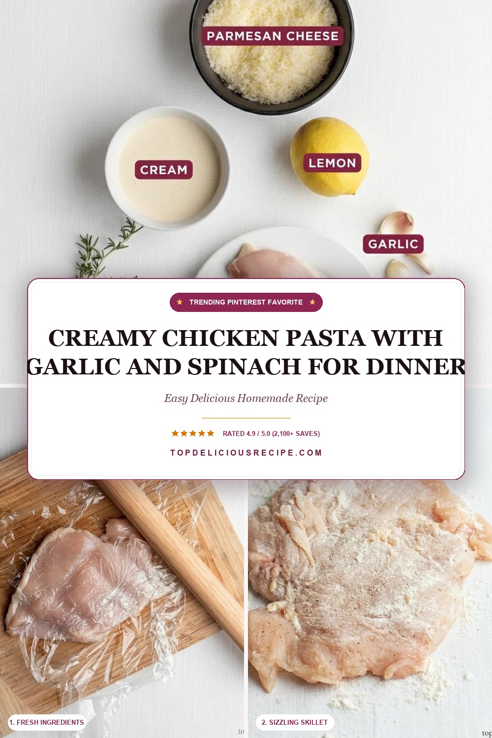Creamy Chicken Pasta with Garlic and Spinach for Dinner Pin Template