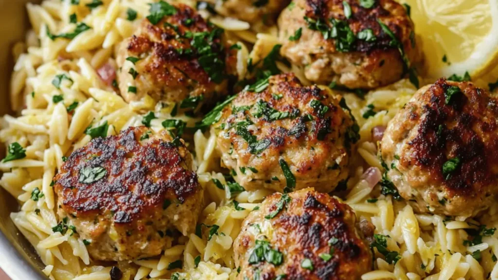 Greek Chicken Meatballs with Lemon Orzo