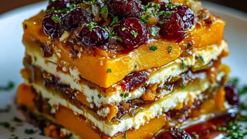 Vegetable Lasagna with Sweet Potato, Butternut Squash & Cranberry Glaze