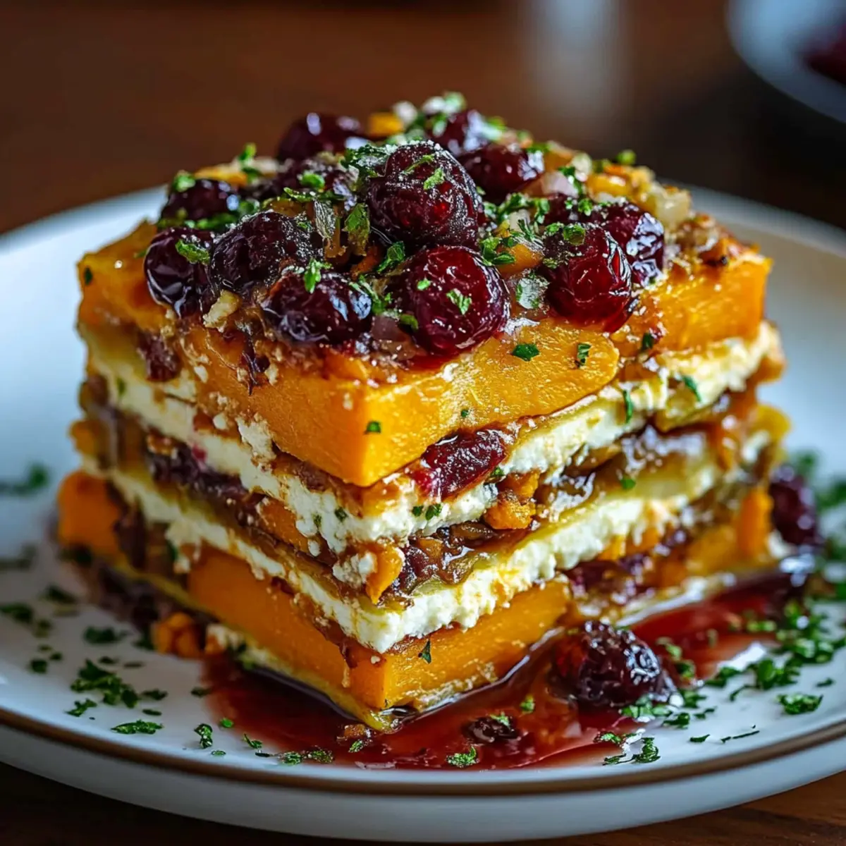 Vegetable Lasagna with Sweet Potato, Butternut Squash & Cranberry Glaze