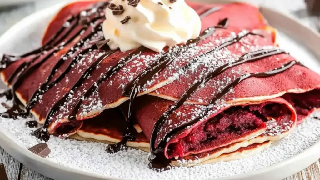 Red Velvet Crêpes with Chocolate Whipped Cream