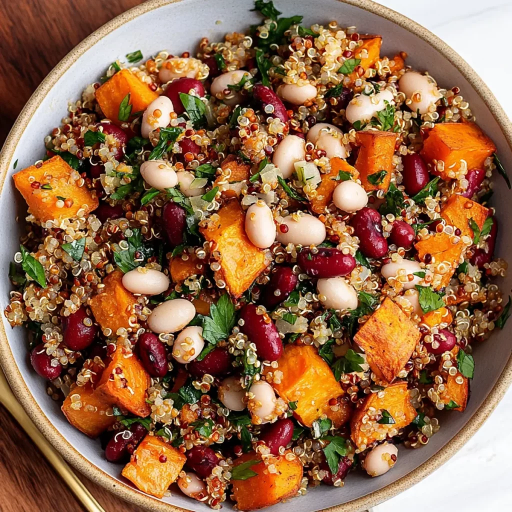 Warm Sweet Potato White Bean Salad with Crispy Quinoa
