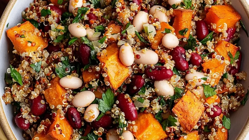 Warm Sweet Potato White Bean Salad with Crispy Quinoa