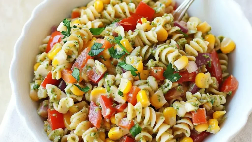 Corn Pasta Salad, Bell Pepper & Creamy Pesto Dressing