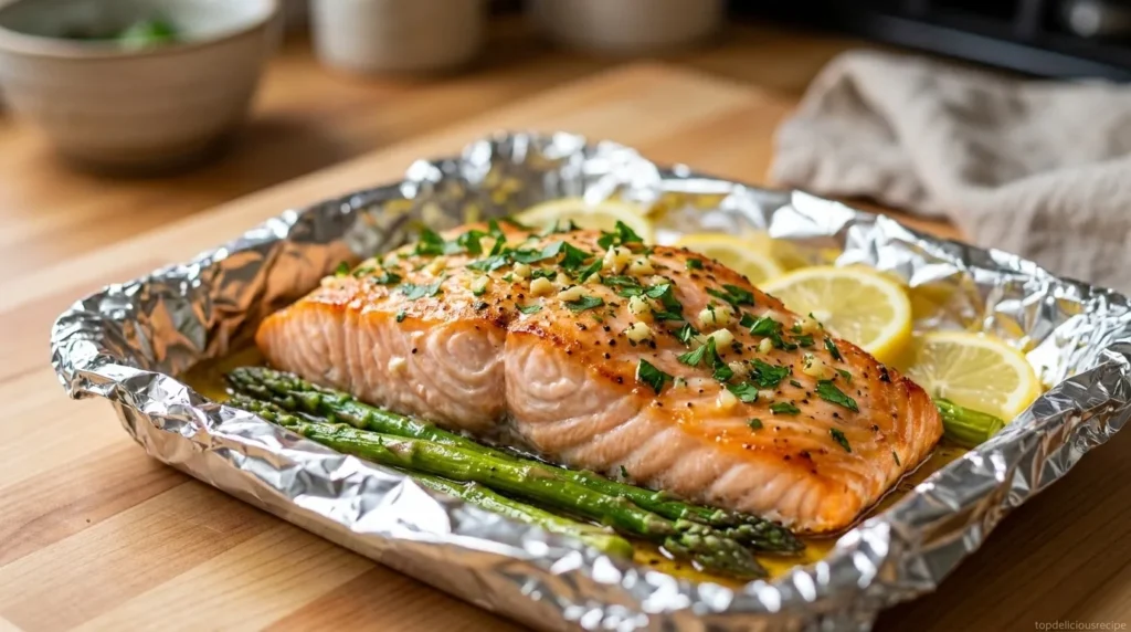 Baked Salmon in Foil with Asparagus and Lemon Garlic Butter Sauce - Top delicious recipe