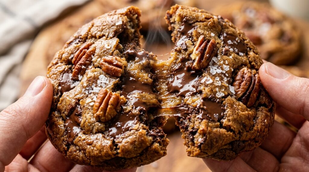 Ultra close-up macro food photograph of giant bakery-style Brown Butter Salted Pecan Chocolate Chip Cookies pulled apart with gooey melted chocolate center
