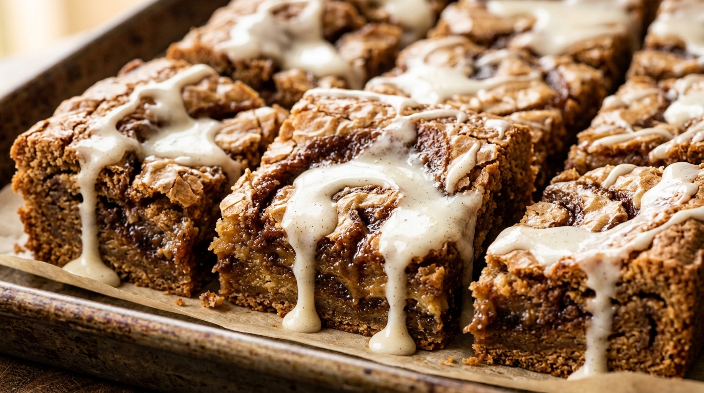 Ultra close-up macro food photograph of thick chewy Brown Butter Cinnamon Roll Blondies with caramelized cinnamon swirl and melting cream cheese glaze