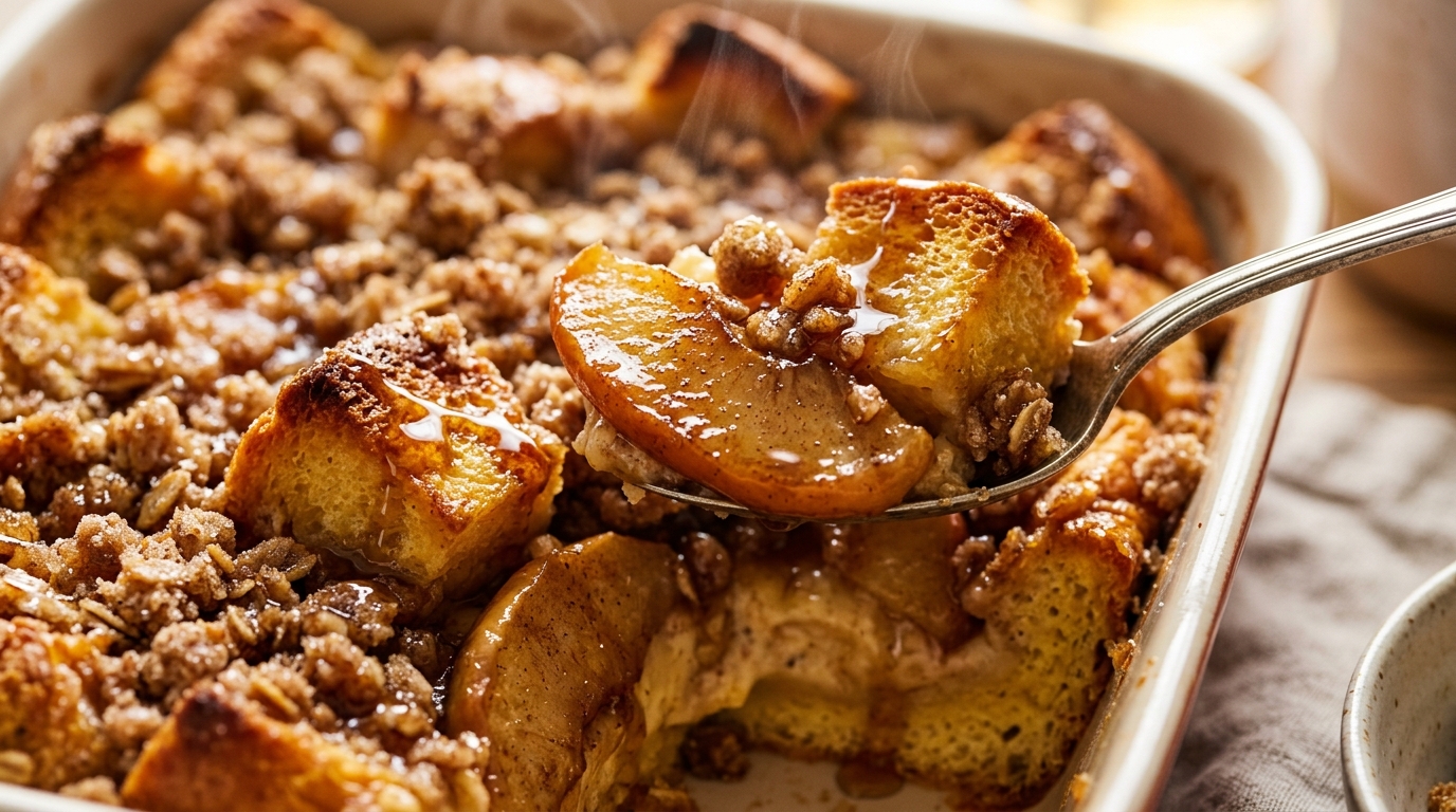 Ultra close-up macro food photograph of Caramelized Apple Brioche French Toast Bake with golden brioche cubes and glistening caramelized cinnamon apples