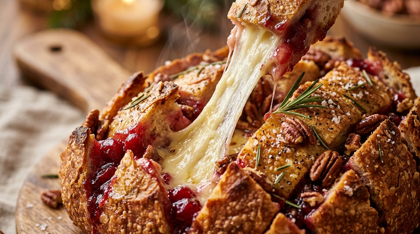 Ultra close-up macro food photograph of Cranberry Pecan Brie Pull-Apart Bread pulled apart with long gooey melted cheese strings and bubbly spiced cranberry sauce