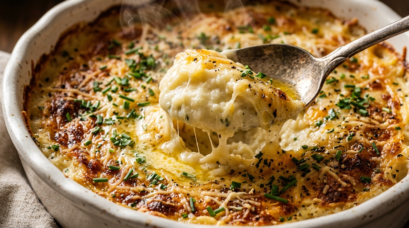 Ultra close-up of baked garlic herb mashed potato casserole with bubbly golden parmesan herb crust and melted butter