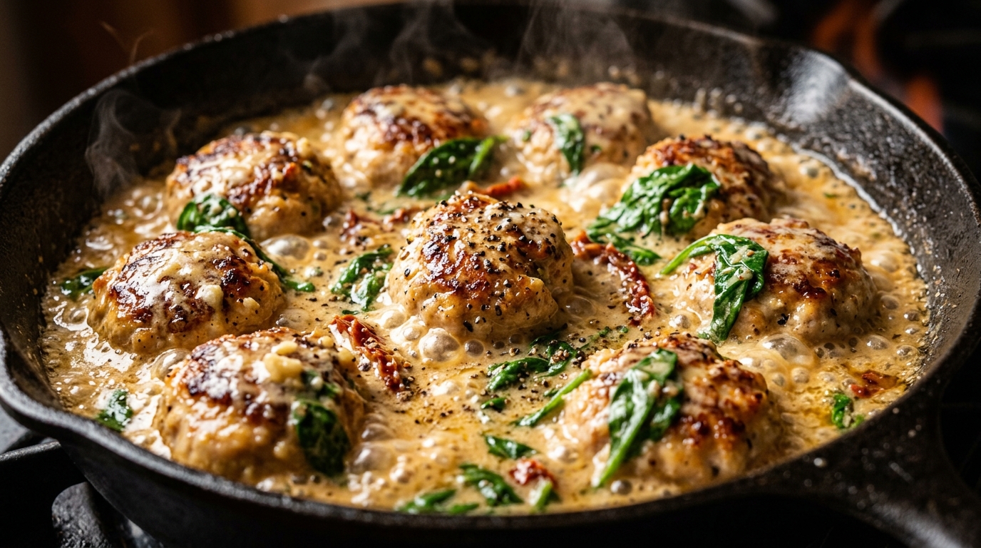 Ultra close-up macro food photograph of Creamy Garlic Parmesan Chicken Meatballs sizzling in velvety garlic cream sauce inside a cast iron skillet