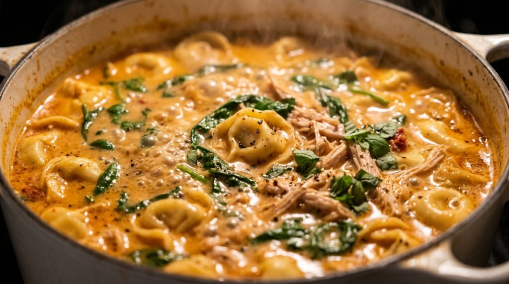 Ultra close-up macro food photograph of Creamy Marry Me Chicken Tortellini Soup with plump cheese tortellini and shredded chicken in sun-dried tomato cream broth