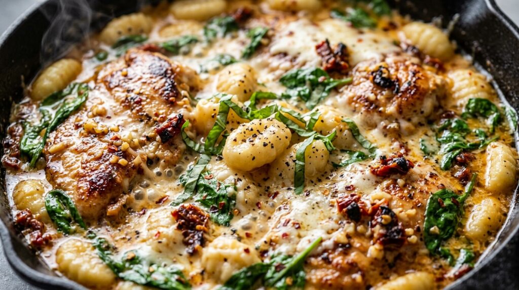 Ultra close-up macro food photograph of Creamy Tuscan Garlic Chicken and Gnocchi Skillet with pillowy gnocchi and seared chicken in sun-dried tomato cream