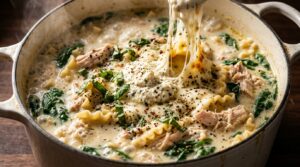 Ultra close-up of creamy white chicken lasagna soup with ruffled broken noodles, tender chicken, melted mozzarella, and seasoned ricotta