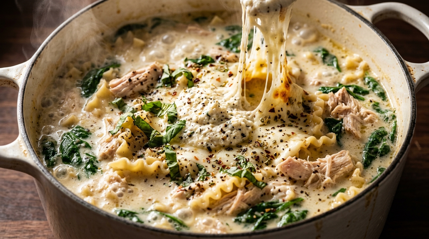 Ultra close-up of creamy white chicken lasagna soup with ruffled broken noodles, tender chicken, melted mozzarella, and seasoned ricotta