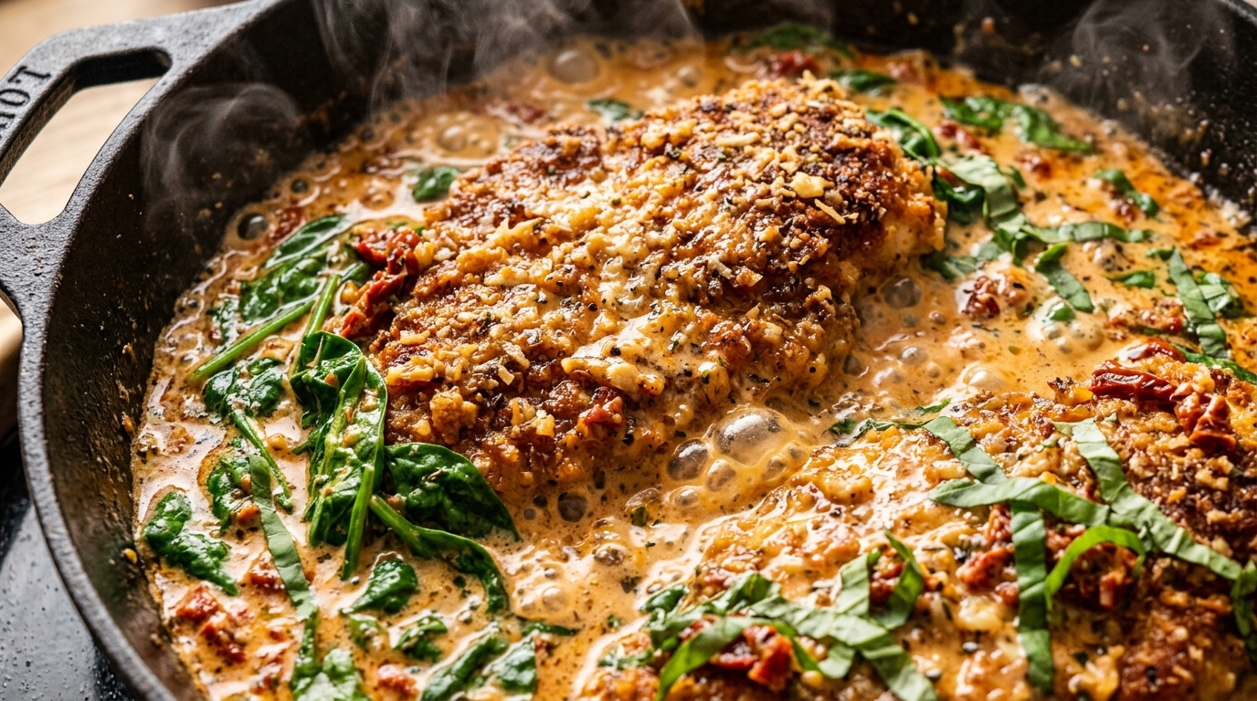 Ultra close-up of crispy garlic parmesan chicken cutlets simmering in creamy garlic sun-dried tomato sauce with wilted spinach