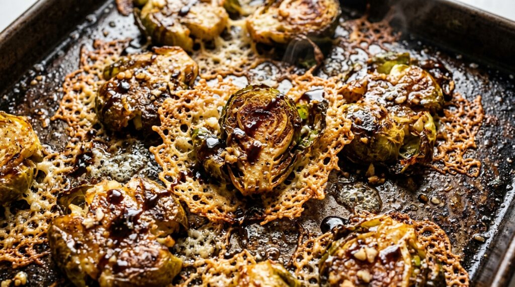 Ultra close-up macro food photograph of extra crispy garlic parmesan smashed Brussels sprouts with lacy parmesan frico crust and aged balsamic glaze