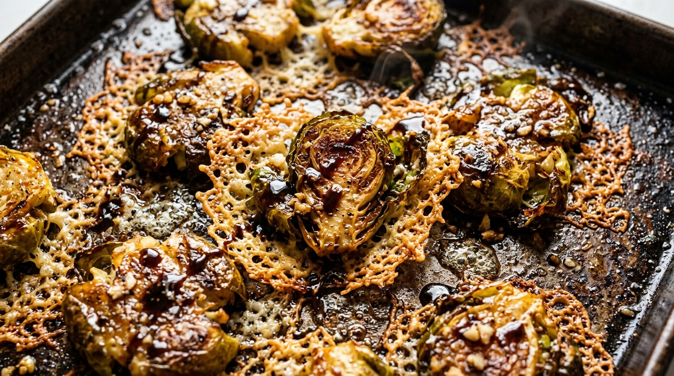 Ultra close-up macro food photograph of extra crispy garlic parmesan smashed Brussels sprouts with lacy parmesan frico crust and aged balsamic glaze