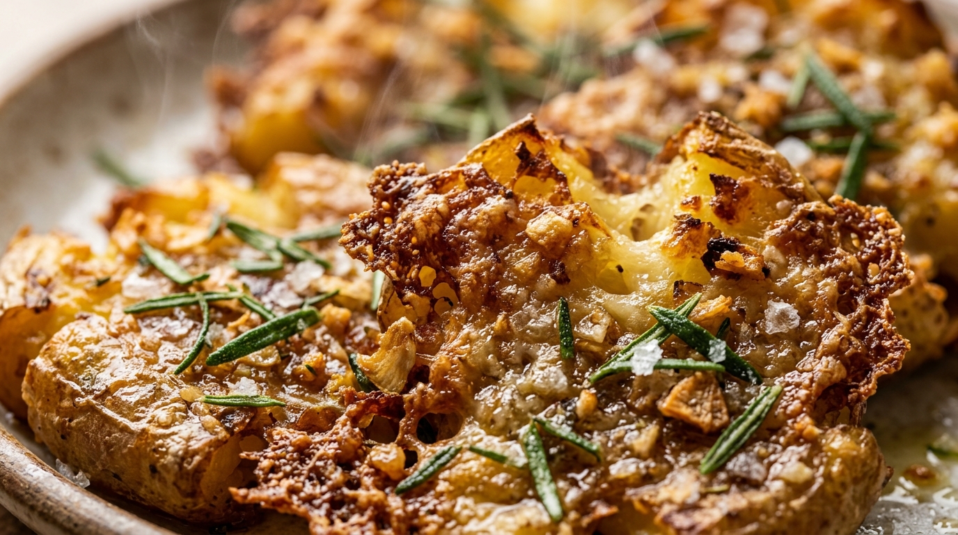 Ultra close-up macro food photograph of Extra Crispy Garlic Parmesan Smashed Potatoes with shattered golden crackly edges and bubbly lacy parmesan frico crust
