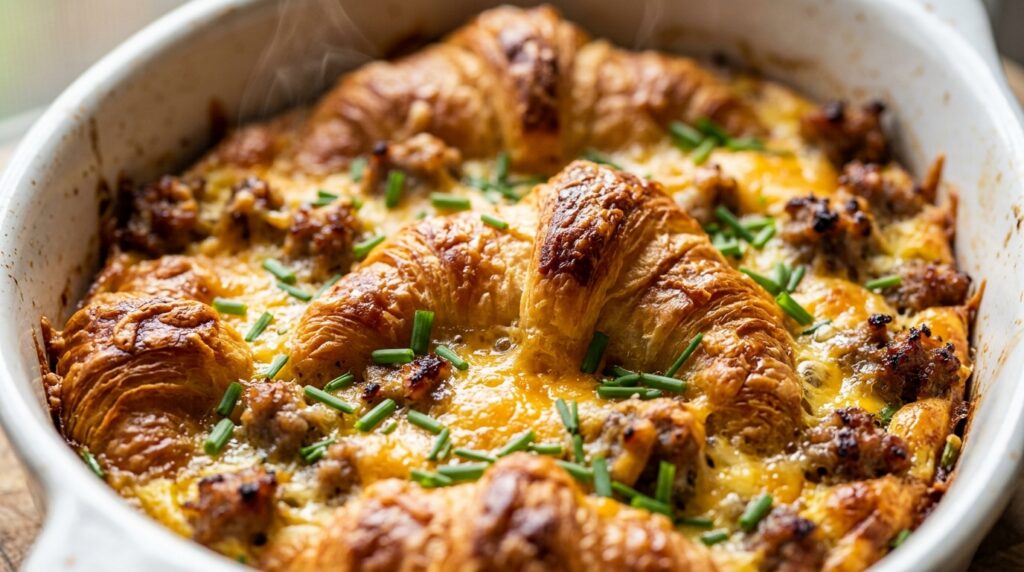 Ultra close-up macro food photograph of golden baked croissant breakfast casserole bubbling with melted cheddar cheese and savory sausage