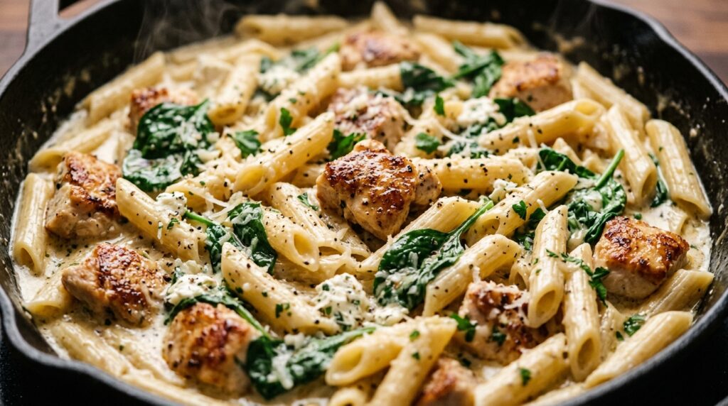 Ultra close-up macro food photograph of tender penne pasta and golden seared chicken coated in creamy Boursin garlic herb cheese sauce