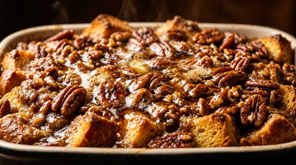 Ultra close-up macro food photograph of Overnight Pecan Praline French Toast Bake bubbling in ceramic baking dish with caramelized brown sugar pecans and maple syrup