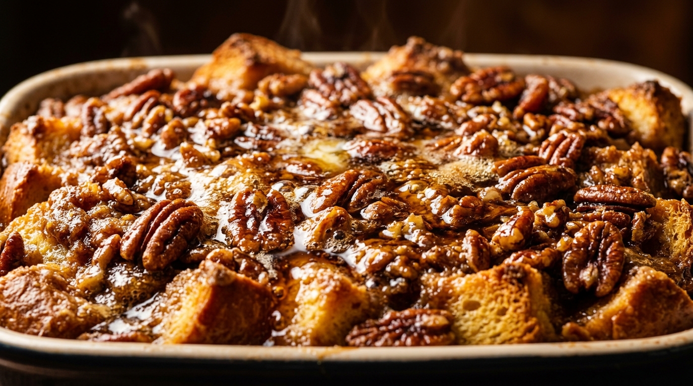 Ultra close-up macro food photograph of Overnight Pecan Praline French Toast Bake bubbling in ceramic baking dish with caramelized brown sugar pecans and maple syrup