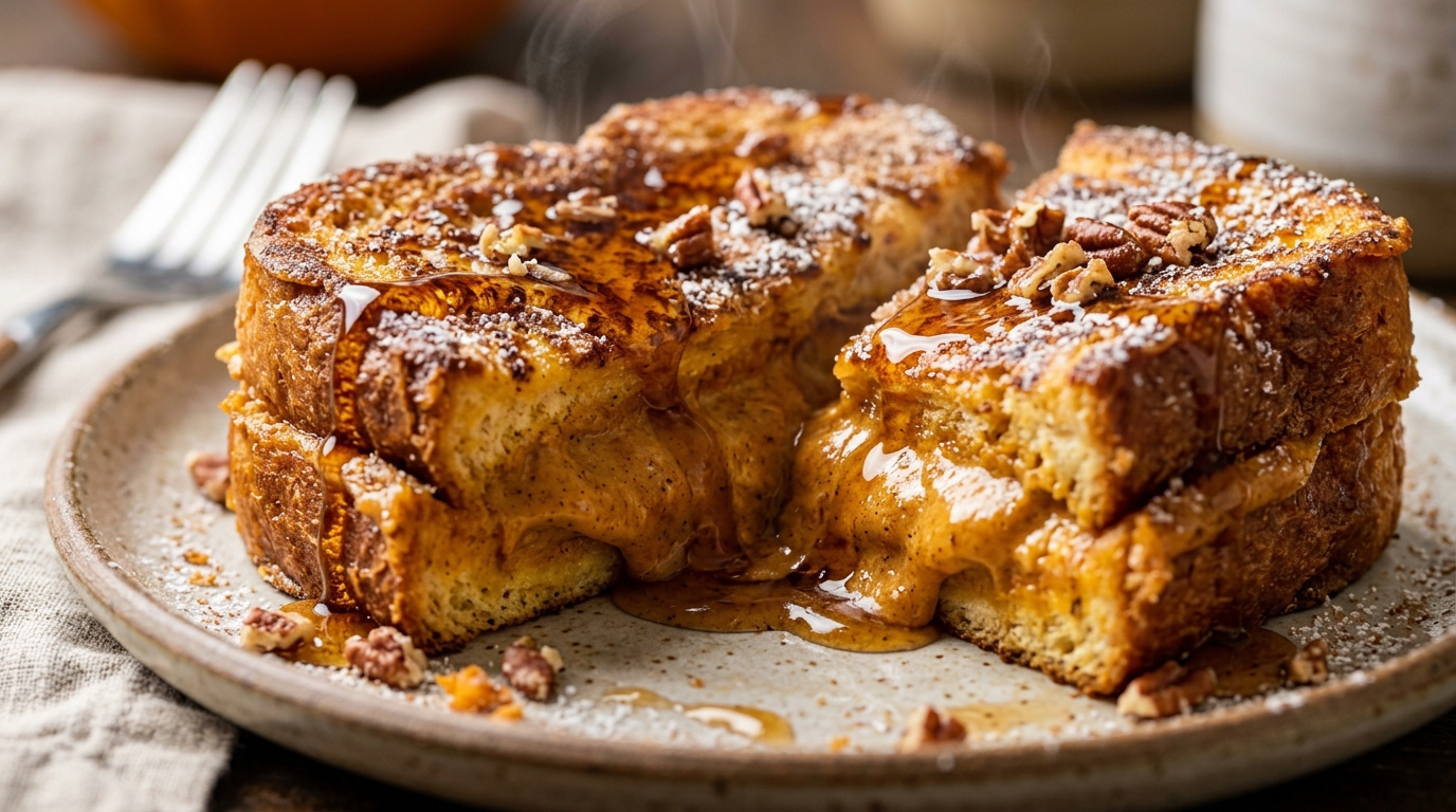 Ultra close-up macro food photograph of Pumpkin Cream Cheese Stuffed French Toast cut in half with warm spiced cheesecake filling oozing from golden brioche