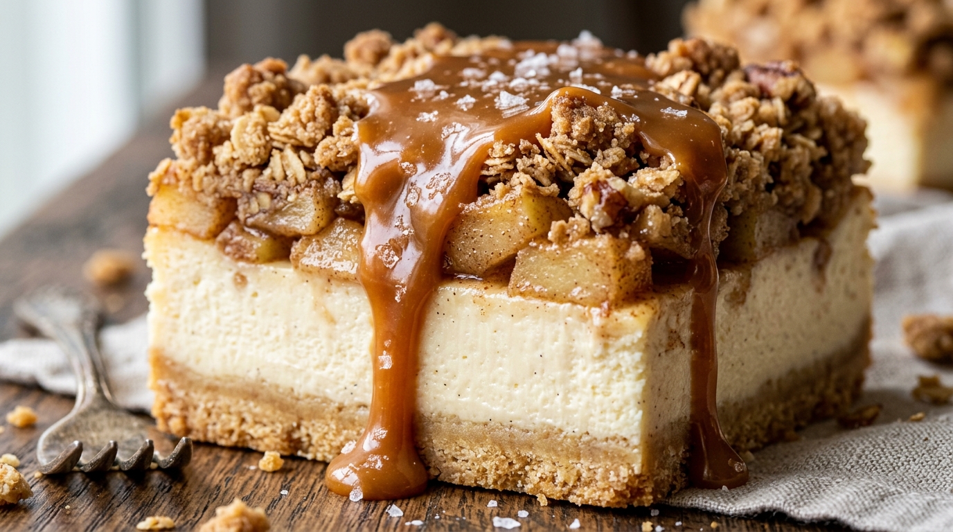 Ultra close-up macro food photograph of Salted Caramel Apple Crisp Cheesecake Bars showing layers of shortbread crust, cheesecake, spiced apples, oat streusel, and dripping caramel