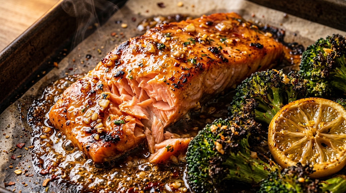 Ultra close-up of glistening caramelized hot honey garlic glazed salmon fillet with charred broccoli and lemon