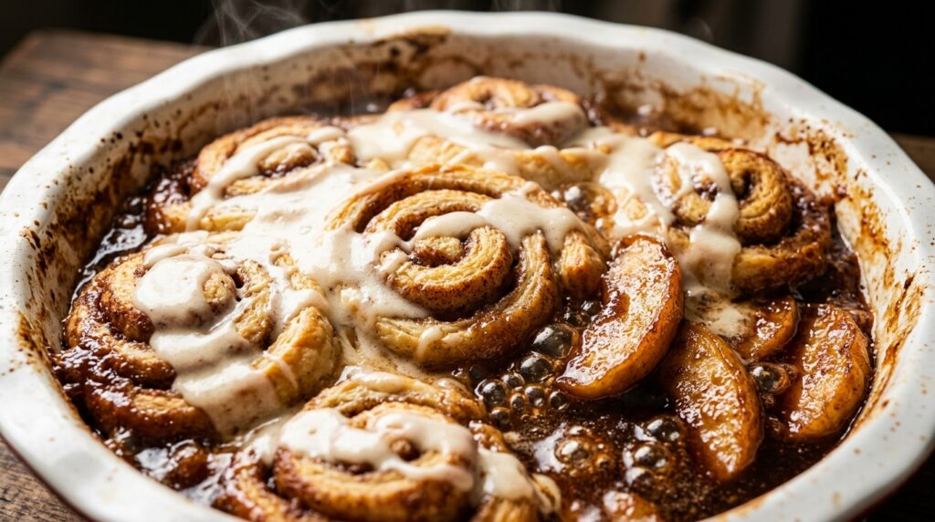 Ultra close-up macro food photograph of freshly baked cinnamon roll apple cobbler bubbling with tender spiced apples and vanilla cream glaze
