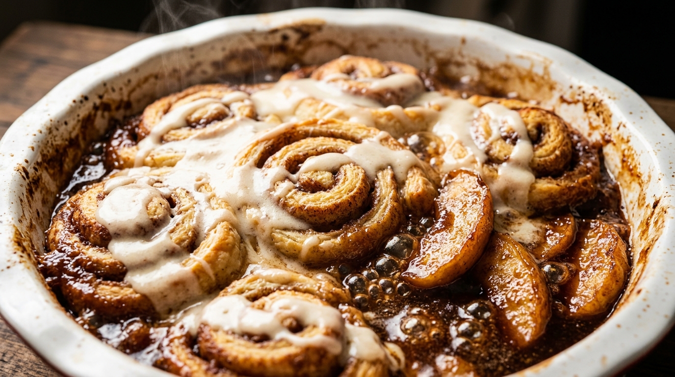 Ultra close-up macro food photograph of freshly baked cinnamon roll apple cobbler bubbling with tender spiced apples and vanilla cream glaze