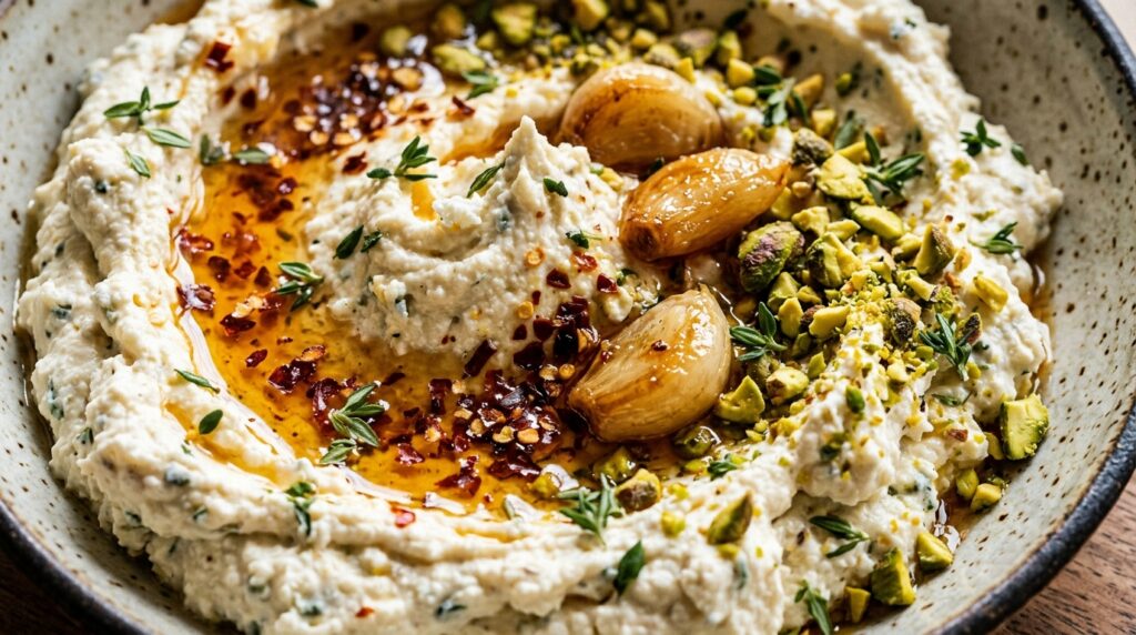 Ultra close-up macro food photograph of velvety whipped hot honey feta dip swirled with spicy honey, roasted garlic cloves, and pistachios