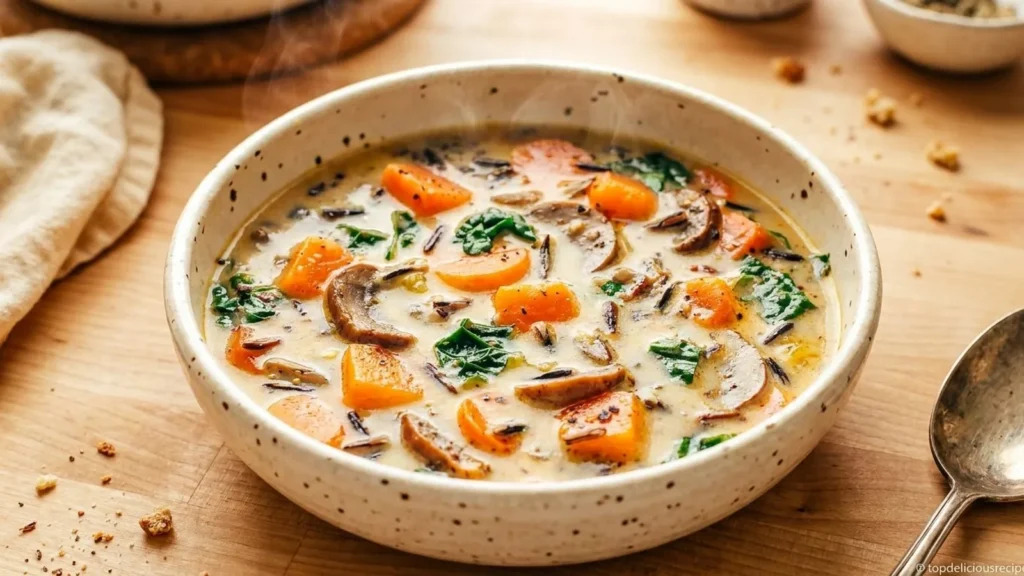Cozy Autumn Wild Rice Soup with Earthy Mushrooms & Sweetness