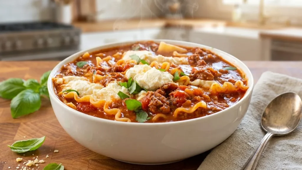 Warm and Delicious lasagna soup with Ground Beef and Herbs
