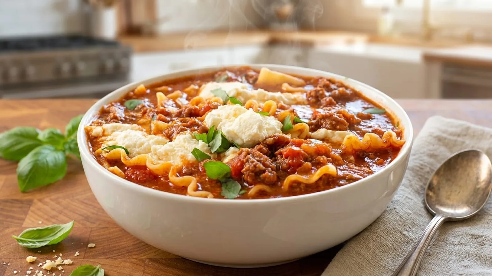 Warm and Delicious lasagna soup with Ground Beef and Herbs