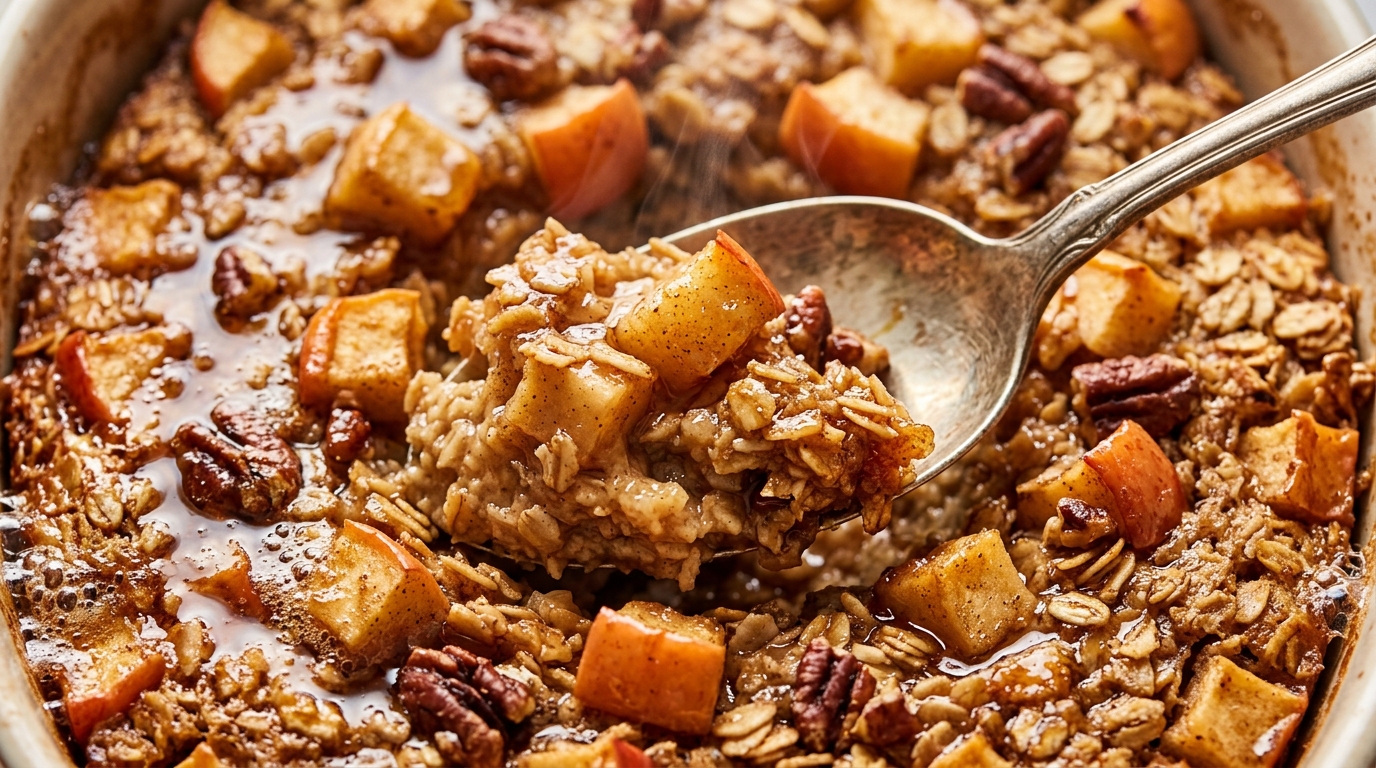 Ultra close-up macro food photography of freshly baked apple cinnamon baked oatmeal with tender spiced Honeycrisp apples and warm maple syrup on silver spoon