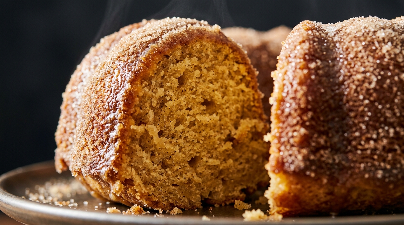 Ultra close-up macro food photography of a warm slice of apple cider donut bundt cake with glistening cinnamon sugar crust and moist spiced crumb