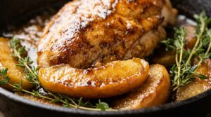 Ultra close-up macro food photography of a golden seared chicken breast coated in glistening sweet-savory amber apple cider glaze in a cast iron skillet with caramelized Honeycrisp apple slices and fresh thyme