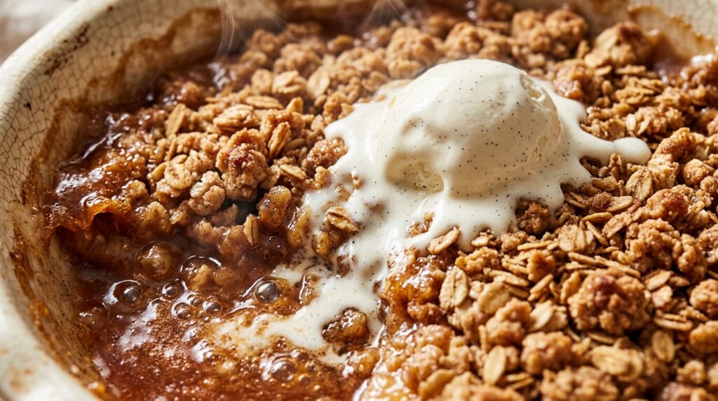 Ultra close-up macro of bubbling golden apple crisp with cinnamon oat streusel topping and melting vanilla ice cream