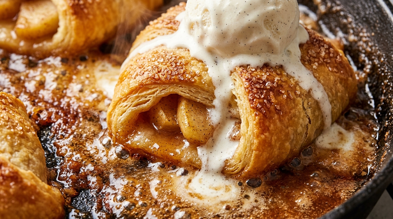 Ultra close-up macro food photography of piping hot homemade crescent roll apple dumplings in bubbling cinnamon caramel sauce with melting vanilla bean ice cream