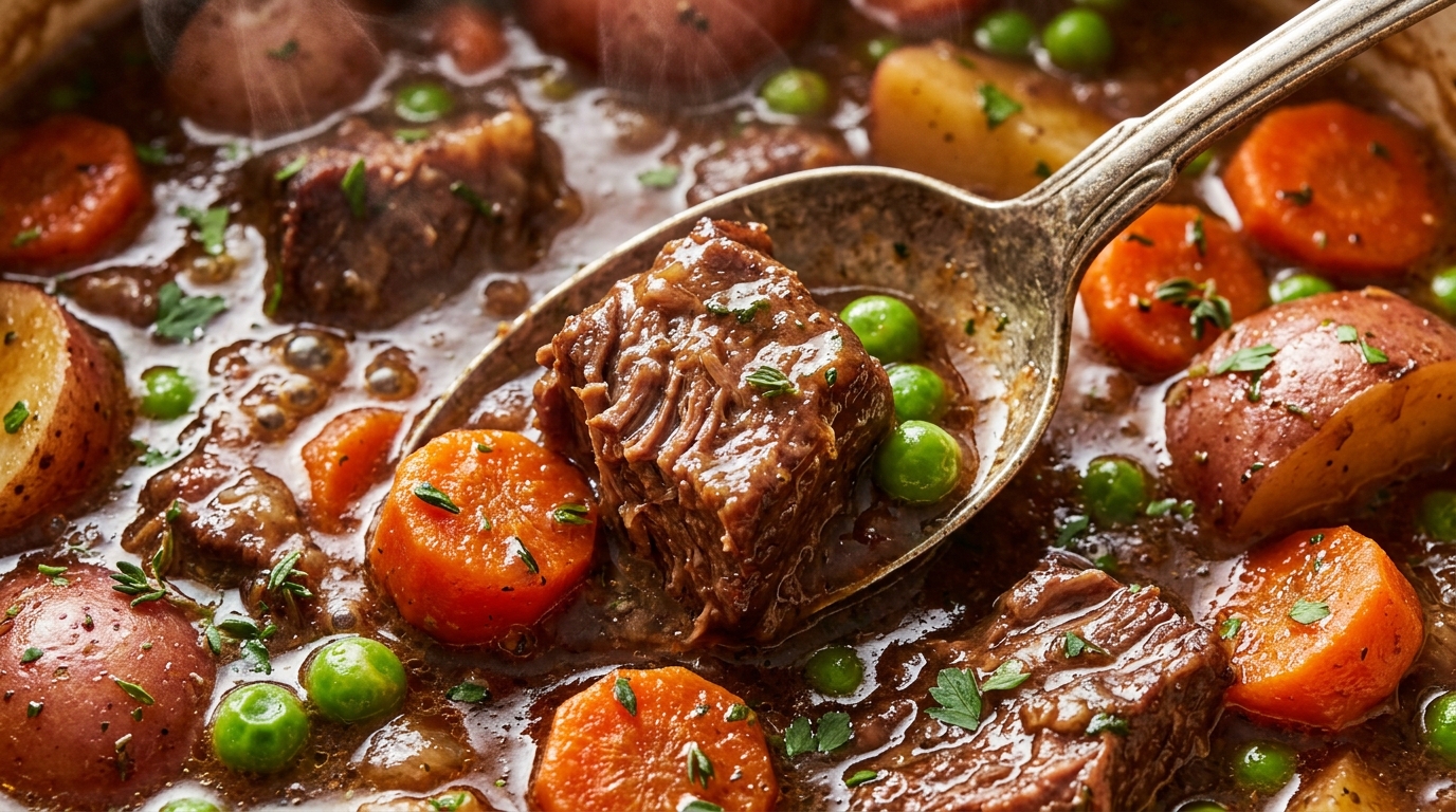 Ultra close-up macro food photography of piping hot homemade classic crockpot beef stew with tender chuck roast and thick dark gravy on silver spoon