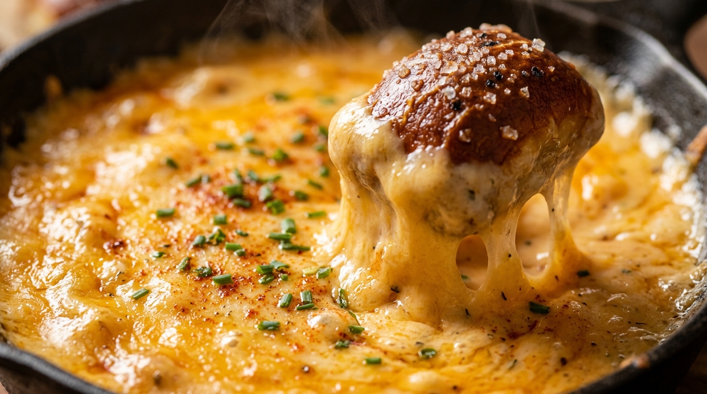 Ultra close-up macro food photography of warm molten pub-style beer cheese dip with a salted soft pretzel bite pulling up a thick velvety ribbon of cheese