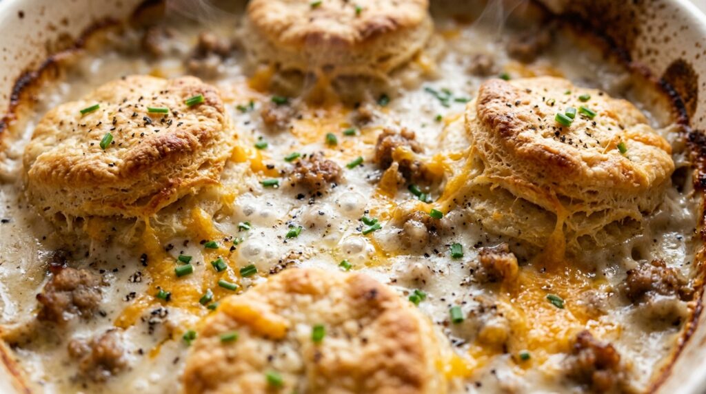 Ultra close-up macro food photograph of overnight biscuits and gravy breakfast casserole bubbling in a ceramic baking dish with golden brown biscuit crowns, peppery country sausage gravy, and melted cheddar